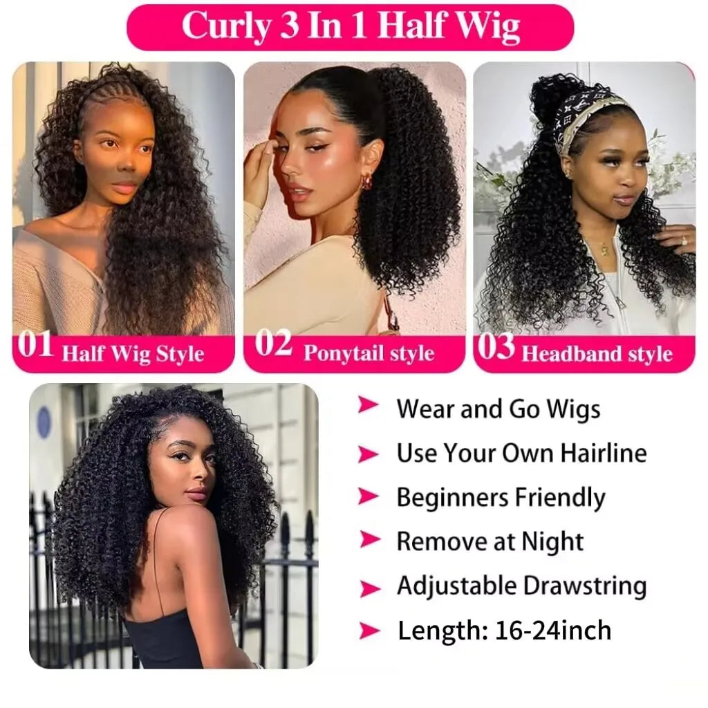 Kinky Curly Flip Over Human Hair Wig Half Wigs 250 Density 3 In 1 Seamless Beginner Friendly Glueless Wear and Go Curly Wig