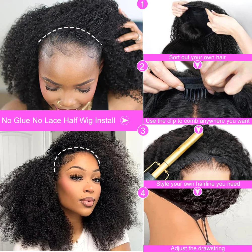 Kinky Curly Flip Over Human Hair Wig Half Wigs 250 Density 3 In 1 Seamless Beginner Friendly Glueless Wear and Go Curly Wig